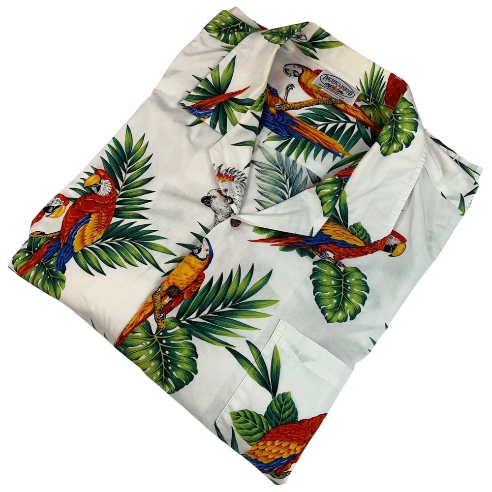Pacific Legend Hawaiian Shirt Mens 3XL White Parrot Tropical Cotton Made in USA